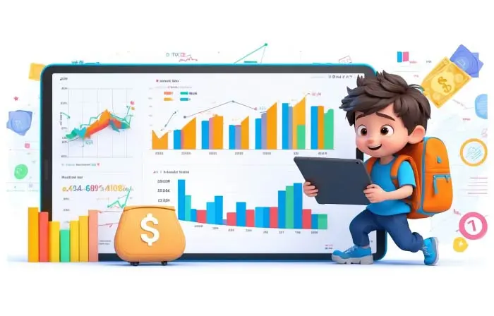 Stock Market Data Analysis Kid with Tab 3D Character Design Illustration